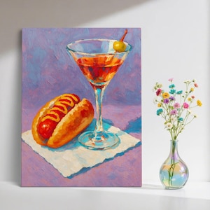 Hot Dog i Martini Print, Cocktail Art Bar Cart Decor, Elegancki prezent w postaci obrazu olejnego, Modna ściana kuchenna, Prezent na parapetówkę, Kup 3, a 1 dostaniesz gratis