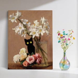 Buy 3 Get 1 Free, Black Cat Art, Floral Print, Funny Cat Art, Living Room Wall Art, Home Decor Art, Cat Print Gift for Her, Cat Art