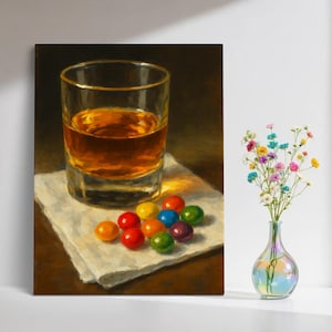 Kup 3, a otrzymasz 1 gratis, Whiskey and Skittles Art Print, Prezent w postaci obrazu olejnego, Prezent dla niej, Dekoracja barowa, Zabawny obraz olejny martwej natury