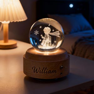 Little Prince Crystal Music Box Night Light – Personalized Engraved Base , Nursery Lamp & Gift | Bedside Light, Gift for Little Prince Fans