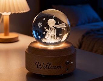 Kleiner Prinz Kristall Spieluhr Nachtlicht - Personalisierte gravierte Basis, Kinderzimmer Lampe & Geschenk | Nachttischlampe, Geschenk für kleine Prinz Fans