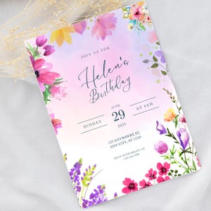 Floral Birthday Invitation Template Editable Watercolor Pastel Party Invite Printable Digital Download Canva PDF Girl Woman Celebration