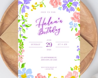 Editable Floral 30th Birthday Invitation Template, Canva Template, Digital Download, 30th Birthday, 50th Birthday, Wildflower Invite