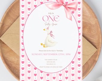 Eine dumme Gans erster Geburtstagseinladung, bearbeitbare rosa Gingham-Gans-Party einladen, Vintage Blumen-Gänseblümchen-Bogen-Thema, Mädchen 1. Geburtstag