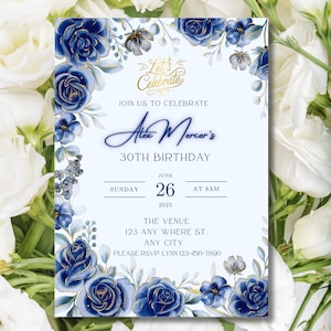 Blue & Gold Floral Birthday Invitation, Editable Party Invite Template, Editable Invitation, Blue Party Invite, Printable Instant Download