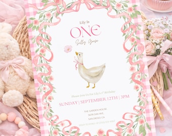 Editable Pink Gingham Silly Goose 1st Birthday Invitation, Pink Gingham Goose Party Invite, Vintage Floral Bow Theme, Girl 1st Birthday