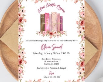 Storybook Baby Shower invitation, A New Chapter Begins girl Baby Shower invite, A new chapter will soon, Digital Download, Canva Template