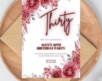 Thirty Birthday Invitation Template, 30th Birthday Invite Floral Burgundy Roses, Editable Canva 5x7,  Printable Digital Download Invitation