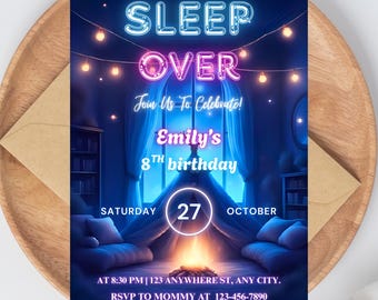Sleepover Birthday Invitation, Canva Template, Sleepover Invitation, Sleep Over Invite, Slumber Party Invite, Girls Night Slumber Party