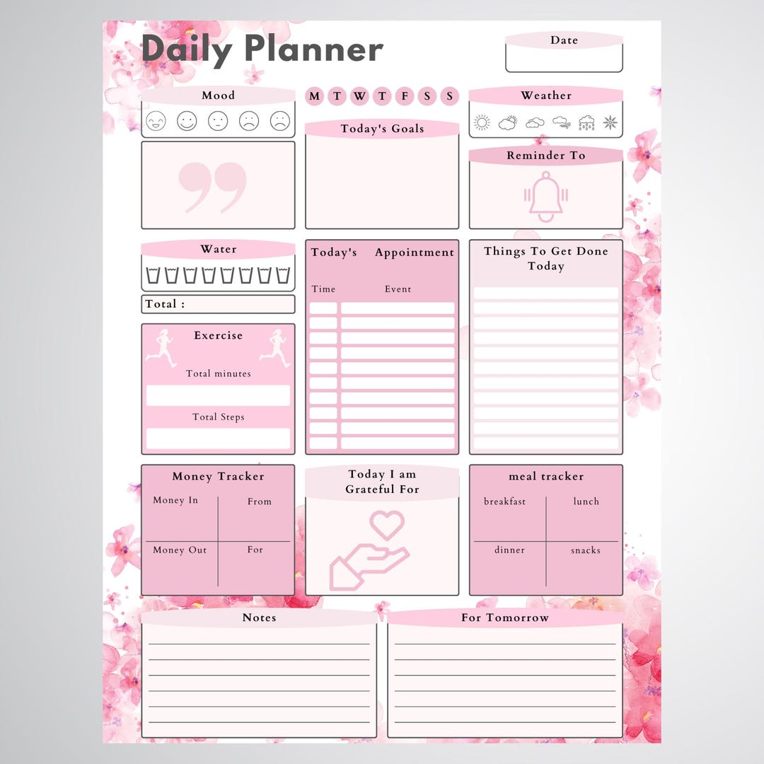 Daily Planner Printable PDF | Pink Floral Aesthetic | Productivity ...