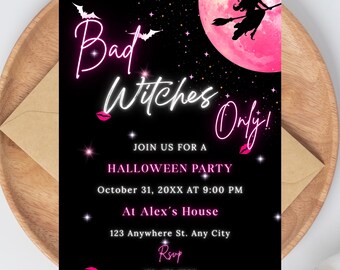 Bad Witches Only Halloween-uitnodiging, roze neonheks feestuitnodiging 5 x 7, Canva bewerkbare sjabloon, Girls Night afdrukbare, digitale download