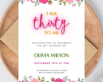 Editable 30th Birthday Floral Invitation, Editable Party Invite Template, 21st Birthday Invitation, Digital Download, Canva Template