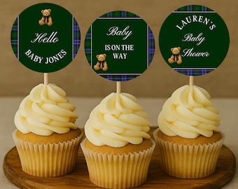 Adornos de lujo para cupcakes de baby shower con osito de peluche, plantilla de Canva para baby shower, etiquetas clásicas circulares con osito de peluche, descarga digital instantánea.