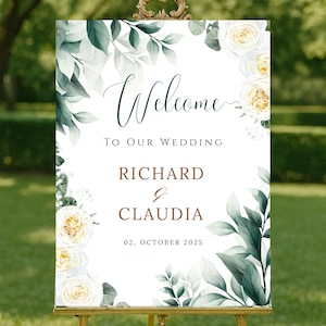 Watercolor Eucalyptus Wedding Welcome Sign: Editable Canva Template (18x24 & 24x36) (Digital Download