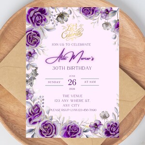 Lila und Gold Blumen Geburtstagseinladung, bearbeitbare Party einladen Vorlage, bearbeitbare Einladung, Party einladen, druckbarer digitaler Download