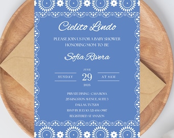 Zaproszenie na baby shower Cielito Lindo, Papel Picado Fiesta Mexicana, edytowalny szablon Canva, pobieranie cyfrowe, hiszpańskie zaproszenie na baby shower