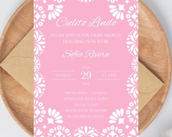 Cielito Lindo Papel Picado Baby Shower Invitation (Pink), Mexican Fiesta, Editable Canva Template, 5x7 Digital Download, Girl Invite