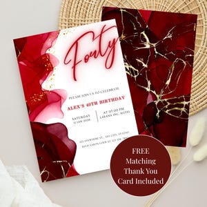May include: Two birthday party invitations with a red and gold abstract design. The main invitation reads "Forty" in red script, with details for Alex's 40th birthday. A matching thank you card is included with the invitation set.