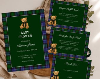 Teddy Bear Plaid Baby Shower Invitation Set (Canva Template)