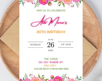 Bearbeitbare rosa und orange Blumeneinladung zum 30. Geburtstag, bearbeitbare Party einladen, Einladung zum 21. Geburtstag, digitaler Download, Canva-Vorlage