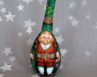 Lucky Friends, leprechaun, mouse, hand painted, original gourd art, 12 1/5” tall x 3 1/2” diameter