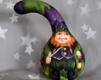 Bangles, leprechaun, chafinch, OOAK, hand painted, original gourd art, 7” tall 6 1/2” w 4” diameter