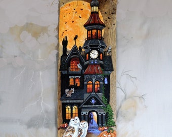 Hour of the Owl, unique painting on barnwood, Halloween, spooky art, 7 1/2” x 20 1/2”