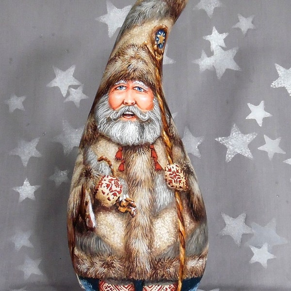 Senis Šaltis, Lithuanian Santa Claus, hand painted gourd art, 11 1/4" tall