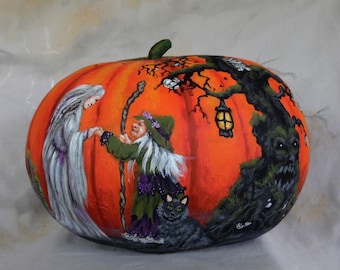 ON SALE Wiccan Pact, Halloween spook fest scene, hand painted gourd art, 7” tall x 9” diameter