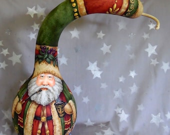 A Grecian Christmas, large hand painted gourd, original art, 14 5/8” tall x 13 1/2” wide x ab. 6 1/2” deep