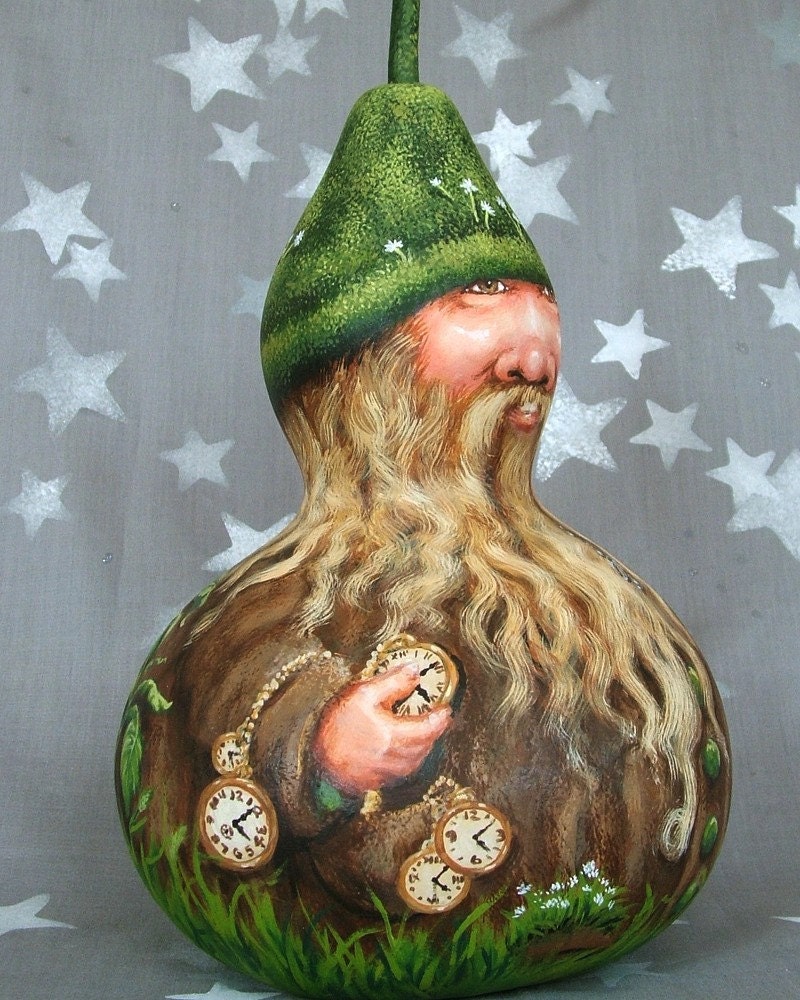 The Time Keeper woodsy gnome hand painted gourd 12 1/2 | Etsy