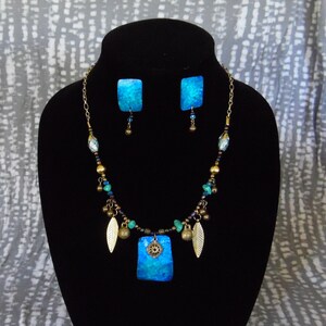 Turquoise n Gold 2, turquoise color, gourd shard necklace, 20” length, with earrings