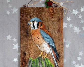 The Amazing Kestrel, unique hand painted art on barnwood wood, 5 1/4” x 14”