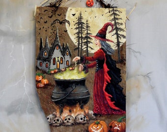 The Enchantress, witch, unique painting on barnwood, Halloween, spooky art, 9 1/4” x 14”