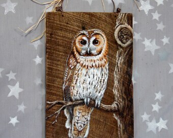 Mighty Hunter, tawny owl, hand painted barnwood art, authentic and unique, 8 1/4” x 13”