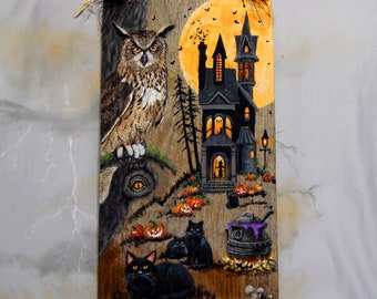 Someone’s Coming, spooky, haunted, hand painted, Halloween, spooky art, 9 3/4” x 18”