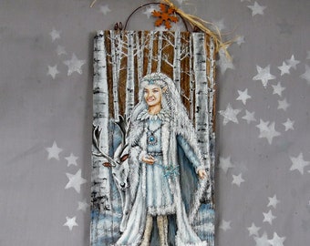 Mistress of Winter, Yuletide, hand painted on Ozarks barnwood, original art, 8 1/4” x 14”