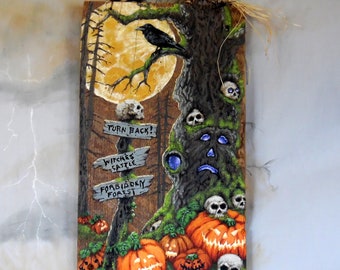 The Strange and Haunted, whimsical, fun, hand painted barnwood art, Halloween, 9 1/4” x 16”