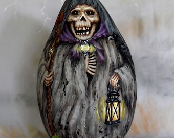 The Reaper’s Raven, Ghoul, Halloween grim reaper, hand painted gourd art, 5” diameter x 9” tall