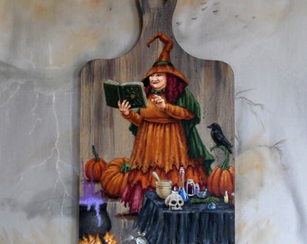 Cassandras Magic, kitchen witch on old cutting board, Halloween, spooky art, 9 1/4” x 17”