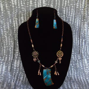Southwest Steam 2, bright teal and copper, gourd shard necklace, 22 1/2” length, with earrings