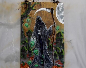 Reaper’s Burying Ground, improved, grim reaper, barnwood art, painting, 10” x 16”