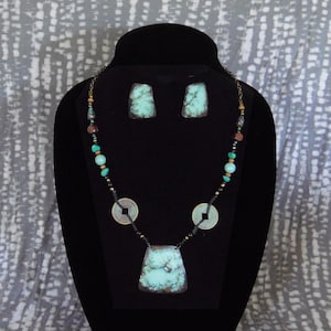 Oxidized Green Metal 2, beads n charms, gourd shard necklace, 23 1/2” length, with earrings