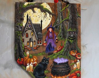 Witch of Haunted Wood, Halloween scene, barnwood art, reclaimed wood, hand painted, 6” x 14 5/8”