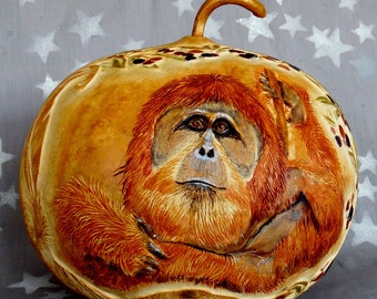 Lovable Orangutans, endangered primate, hand painted wildlife, gourd art, 9 1/2” tall 10” diameter