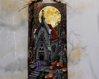 A Haunting Graveyard Evening, hand painted on barnwood, Halloween, spooky, 7 1/4” x 15 1/2”