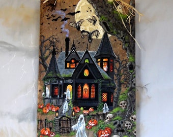 One Haunted Evening, unique painting on barnwood, Halloween, spooky art, 11 1/4” x 17 1/2”