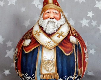 Turkish St. Nicholas, 3rd century, hand painted gourd art, traditional, 10 1/2” tall x 8 1/2” diameter