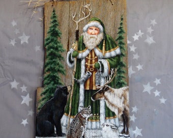 Friends of Winter, Santa and animals, hand painted on Ozarks barnwood, 11 1/4” x 19”