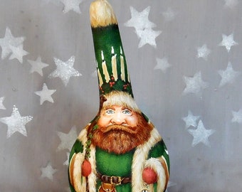 Time to Fly!, original hand painted gourd, Santa Claus, 9 1/4” tall x 5” diameter